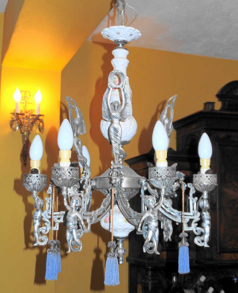 Art Nouveau Silvered and Ceramic Chandelier
